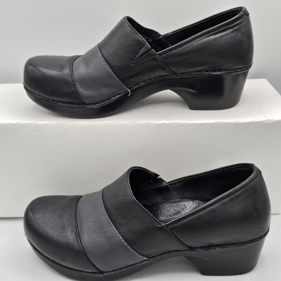 Dansko Tenley black gray leather slipon clogs size 38 US 7.5/8 w/a 2" heel - Picture 3 of 15